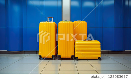 set of baggage bags in airport, colorful luggage cases, travel and vacations concept, flight journey destinations wallpaper 122083657