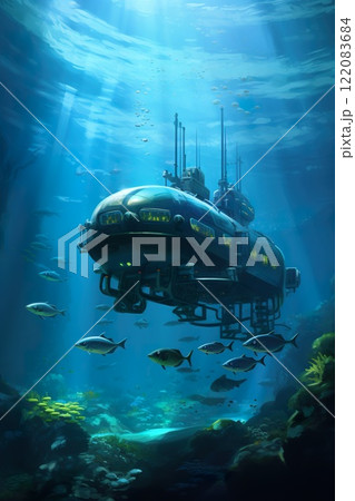 old fashioned retro submarine underwater, vintage or steampunk style sub marine in deep blue sea or ocean water 122083684