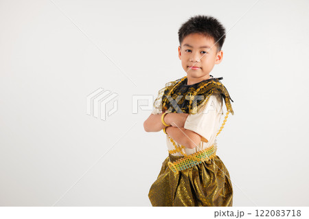Portrait of Thailand kid boy smiling traditional Thai dress costume with arms crossed in studio shot isolated white background, Happy primary child lifestyle arm folded Portrait of Thailand kid boy smiling traditional Thai dress costume with arms crossed in studio shot isolated white background, Happy primary child lifestyle arm folded 122083718