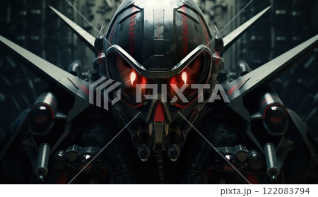 closeup portrait of dark futuristic air fighter pilot in helmet with glasses, fiction and sci-fi aircraft warrior 122083794