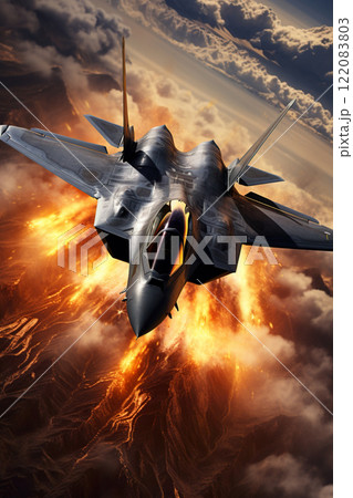 modern fifth generation combat air fighter jet in sky, advanced stealth military aircraft flying 122083803