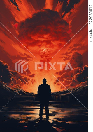 people looking at mushroom of nuclear explosion, atomic war and apocalypse concept, world in flame 122083819