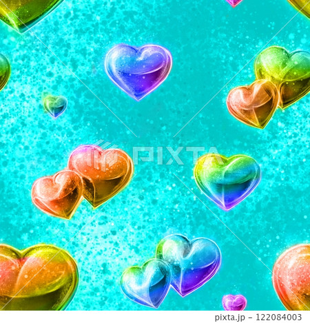 Seamless pattern with rainbow hearts on the colorful vivid background. 122084003