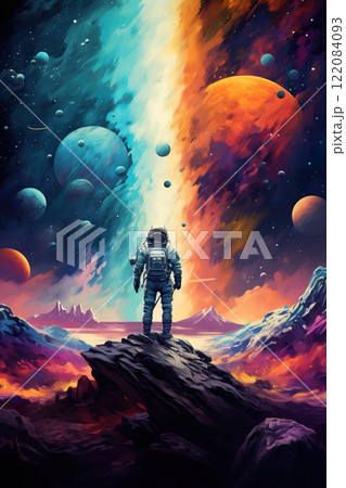 colorful illustration of astronaut in space suit and helmet exploring alien planet with mountains and stars and moons on night sky, astronomy concept colorful illustration of astronaut in space suit and helmet exploring alien planet with mountains and stars and moons on night sky, astronomy concept 122084093