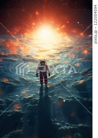 colorful illustration of astronaut in space suit and helmet exploring alien planet with mountains and stars and moons on night sky, astronomy concept 122084094