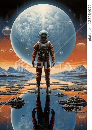 colorful illustration of astronaut in space suit and helmet exploring alien planet with mountains and stars and moons on night sky, astronomy concept colorful illustration of astronaut in space suit and helmet exploring alien planet with mountains and stars and moons on night sky, astronomy concept 122084096