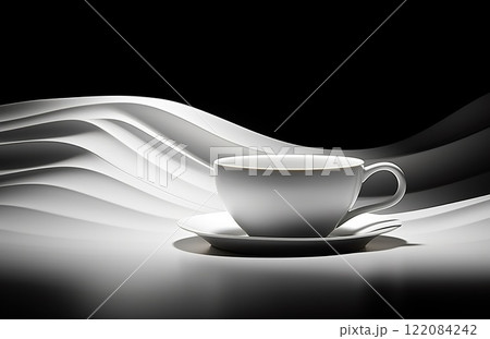 stylish white cup of tea or coffee with steam on black background, swirl and wave pattern, drink concept with elegant curve lines 122084242