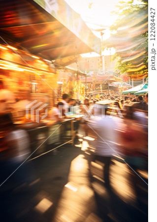 crowd of people on street food festival in summer park on sunset or at night, in style of blurred motion with bokeh 122084427