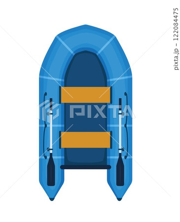Rubber boat with paddle. Rafting extreme water sport. Fishing equipment. Inflatable rubber vessel boat. Vector illustration. 122084475