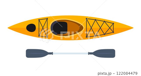 Kayak boat with paddles, top view. Orange Canoe. Raft for rafting on water. Sport rowing. Vector illustration. Kayak boat with paddles, top view. Orange Canoe. Raft for rafting on water. Sport rowing. Vector illustration. 122084479