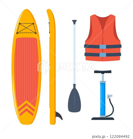 Stand Up Paddle board Accessories. Basic set for SUP. Inflatable board, paddle, life jacket, pump. Vector illustration. 122084492