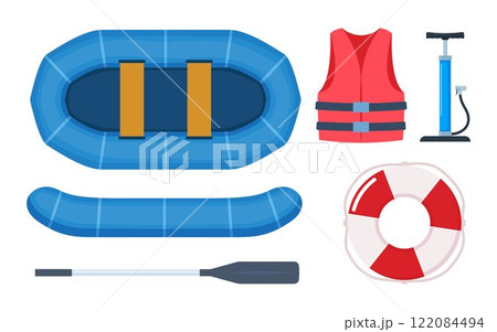 Rubber boat with paddle, pump, life jacket, lifebuoy. Rafting extreme water sport equipment. Fishing equipment. Inflatable rubber vessel boat. Vector illustration. 122084494