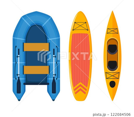 Boats and gear for rafting: Paddle board, kayak and inflatable boat. Vector illustration isolated on white. 122084506