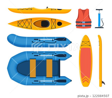 Boats and gear for rafting: Paddle board, kayak and inflatable boat. Basic set for SUP. Inflatable board, paddle, life jacket, pump. Vector illustration. 122084507