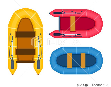 Rubber boats set. Rafting extreme water sport. Fishing equipment. Inflatable rubber vessel boat. Vector illustration. 122084508