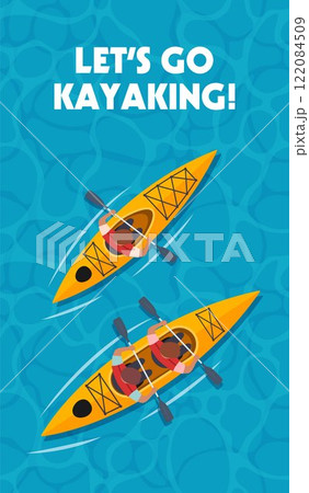 Kayaking summer poster water sea top view. Kayak and man with paddles. Outdoor activities. Yellow red kayak on sea background. Vector illustration. 122084509