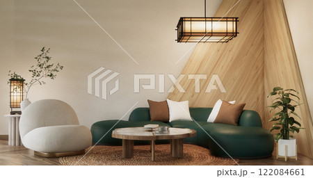 Mocha concept Scene living room have green sofa and decoration wooden minimalist design, room japanese style.3D rendering 122084661