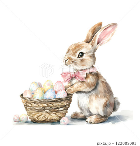 Easter bunny with basket of painted eggs. Watercolor illustration. 122085093