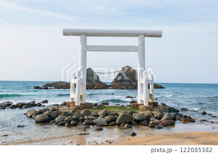 torii gate and couple stones at Itoshima Sakurai Futamigaura torii gate and couple stones at Itoshima Sakurai Futamigaura 122085382