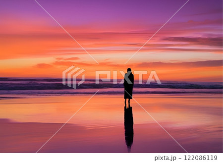 Silhouette of a person standing, gazing at sunset over the sea.AI Generated 122086119