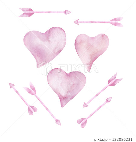Soft pink hearts and arrow simple set for Valentine's Day or wedding. Concept love. Hand drawn watercolor illustration on white background. For cards, confessions, cover, booklet 122086231