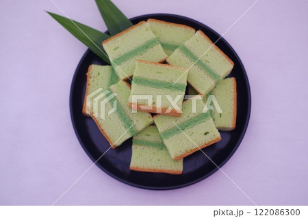 pandan cake on a plate. Selective focus. 122086300