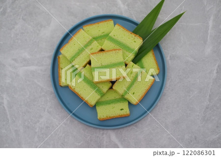 pandan cake on a plate. Selective focus. 122086301