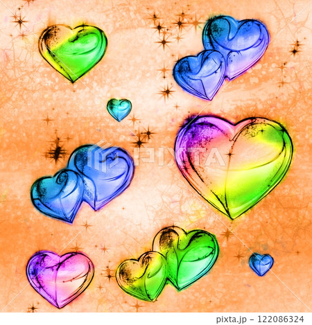 Seamless pattern with rainbow hearts on the colorful vivid background.  122086324