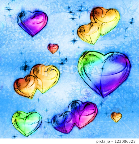 Seamless pattern with rainbow hearts on the colorful vivid background.  122086325