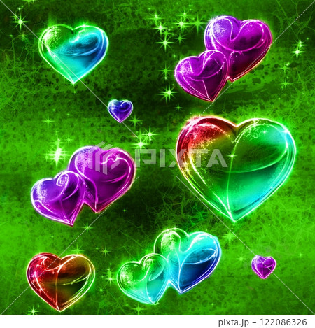 Seamless pattern with rainbow hearts on the colorful vivid background.  122086326