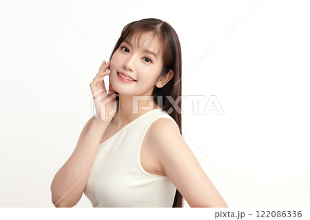 Beautiful young asian woman with clean fresh skin on white background, Face care, Facial treatment, Cosmetology, beauty and spa, Asian women portrait. Beautiful young asian woman with clean fresh skin on white background, Face care, Facial treatment, Cosmetology, beauty and spa, Asian women portrait. 122086336