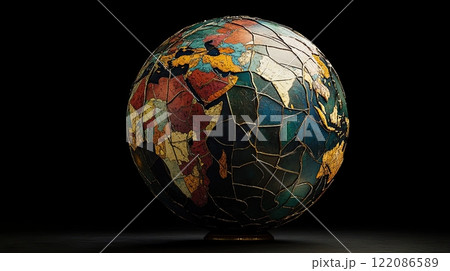 A cracked globe showcasing trading routes and broken symmetry, symbolizing fragility of our world. 122086589