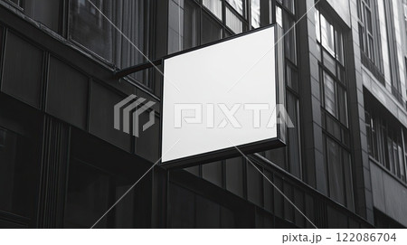 Blank square sign hanging on a modern building facade in black and white. Blank square sign hanging on a modern building facade in black and white. 122086704