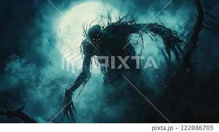 A haunting, shadowy creature with glowing eyes emerges in a forest, evoking horror and mystery. A haunting, shadowy creature with glowing eyes emerges in a forest, evoking horror and mystery. 122086705