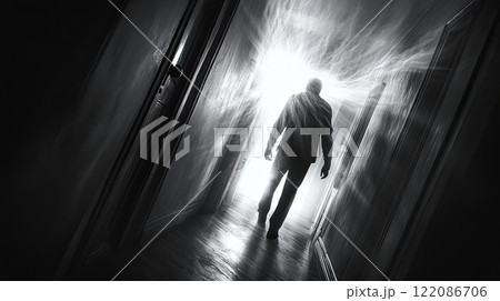 A haunting, shadowy creature with glowing eyes emerges evoking horror and mystery. 122086706