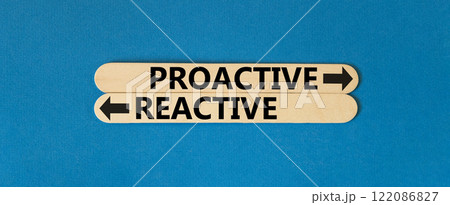Proactive and reactive symbol. Concept word Proactive Reactive on beautiful wooden stick. Beautiful blue table blue background. Business proactive and reactive concept. Copy space. Proactive and reactive symbol. Concept word Proactive Reactive on beautiful wooden stick. Beautiful blue table blue background. Business proactive and reactive concept. Copy space. 122086827