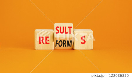 Reform and result symbol. Concept words Reforms Results on beautiful wooden block. Beautiful orange table orange background. Business Reforms and results concept. Copy space. 122086830