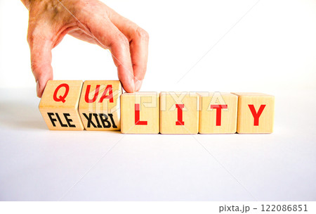 Quality or flexibility symbol. Concept words Quality Flexibility on wooden cubes. Beautiful white table white background. Businessman hand. Business and quality or flexibility concept. Copy space. 122086851