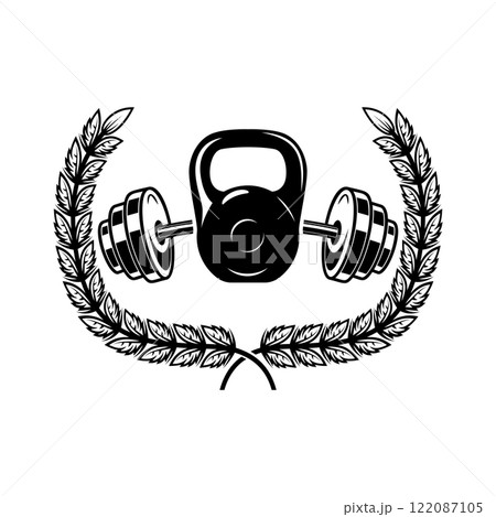 Barbell and kettlebell and wreath. Emblem template. Design element for logo, sign, emblem. Vector illustration Barbell and kettlebell and wreath. Emblem template. Design element for logo, sign, emblem. Vector illustration 122087105