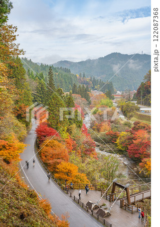 豊田市の大井平公園の展望台から見た紅葉に包まれた秋の風景(愛知県) 122087368