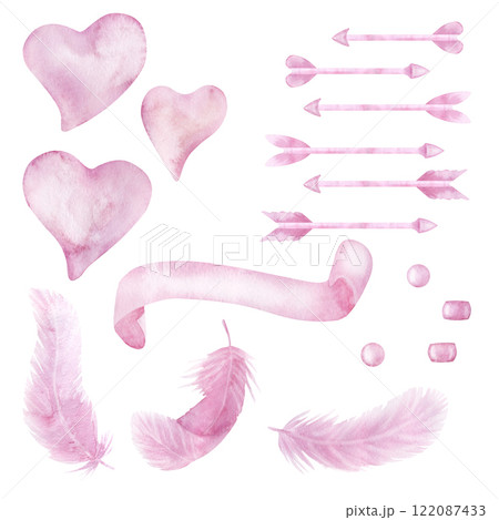 Delicate pink watercolor hearts, arrows, feathers, ribbon, bead set. For girly baby decor, Valentine's Day, wedding. Concept soft love. Hand drawn illustration on white background. Delicate pink watercolor hearts, arrows, feathers, ribbon, bead set. For girly baby decor, Valentine's Day, wedding. Concept soft love. Hand drawn illustration on white background. 122087433