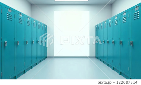 Blue lockers in the school locker room with blank space for text on the wall Blue lockers in the school locker room with blank space for text on the wall 122087514