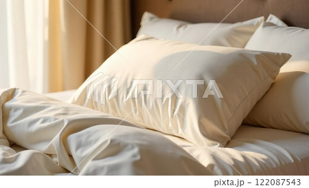 Luxurious beige pillows in satin, silk pillowcases on a wide bed. Bedding and accessories. Cozy home textiles Luxurious beige pillows in satin, silk pillowcases on a wide bed. Bedding and accessories. Cozy home textiles 122087543