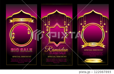 set of ramadan flash sale banner pink background 122087893