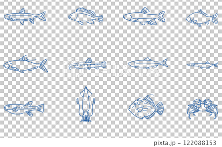 春のお魚アイコンセット 線画 シンプルデザイン 青色 春のお魚アイコンセット 線画 シンプルデザイン 青色 122088153