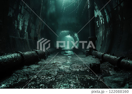 Rusty old pipes run through a dark, crumbling sewer tunnel, where water trickles in the damp underground atmosphere 122088160