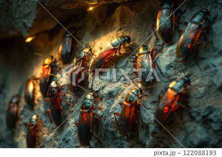 Group of cockroaches huddle together in the dark corner of a basement, highlighted by the soft gleam of sunlight 122088193