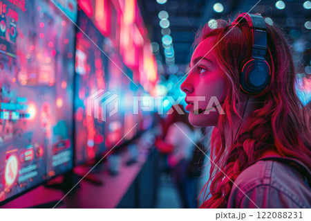Young woman in headphones immerses herself in a thrilling computer game at a vibrant gaming convention, surrounded by fellow energetic gamers Young woman in headphones immerses herself in a thrilling computer game at a vibrant gaming convention, surrounded by fellow energetic gamers 122088231