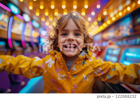 Cheerful child beams with excitement while enjoying an evening at a lively entertainment center filled with arcade machines Cheerful child beams with excitement while enjoying an evening at a lively entertainment center filled with arcade machines 122088232
