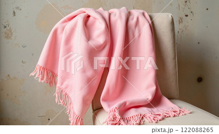 Cozy pink blanket draped elegantly over a chair against a textured wall backdrop 122088265